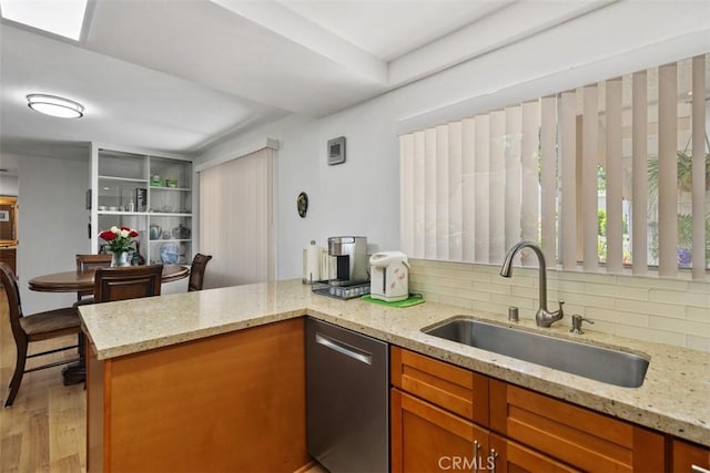 5472 Paseo Del Lago E Unit B, Laguna Woods, CA 92637 - kitchen with a sink, dishwasher, a peninsula, light stone counters, and decorative backsplash