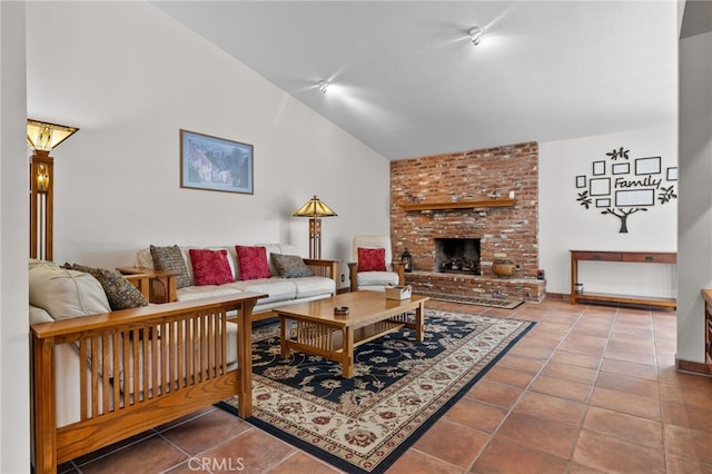 living room featuring a fireplace, tile patterned flooring, and lofted ceiling