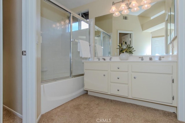 bathroom featuring double vanity, carpet flooring, shower / bath combination with glass door, and visible vents