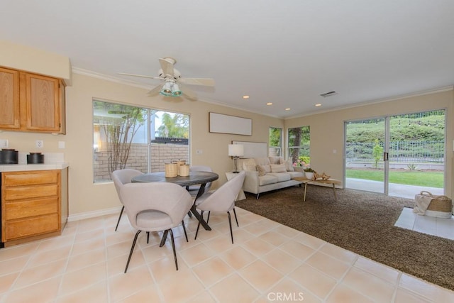 dining space with visible vents, ornamental molding, baseboards, recessed lighting, and a ceiling fan