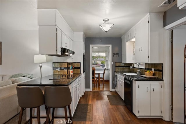 kitchen with white cabinetry, black appliances, dark wood-type flooring, and a sink