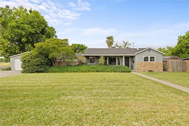 ranch-style home with stucco siding, fence, a garage, stone siding, and a front yard