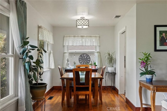 dining room with visible vents, wood finished floors, and baseboards