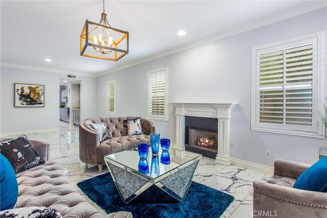 living room with recessed lighting, a chandelier, marble finish floor, baseboards, and ornamental molding
