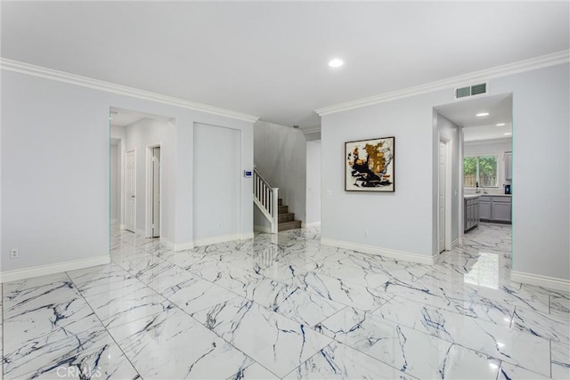 unfurnished living room with recessed lighting, stairway, crown molding, visible vents, and baseboards