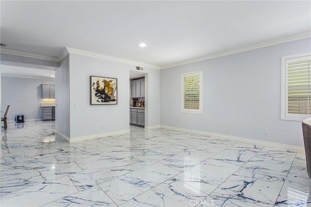 unfurnished room with baseboards, recessed lighting, ornamental molding, and visible vents