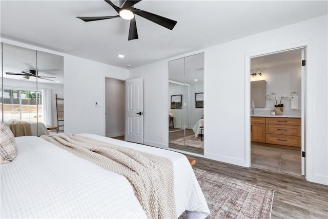 40 Frontier Way, Templeton, CA 93465 - bedroom with recessed lighting, a ceiling fan, baseboards, wood finished floors, and ensuite bathroom