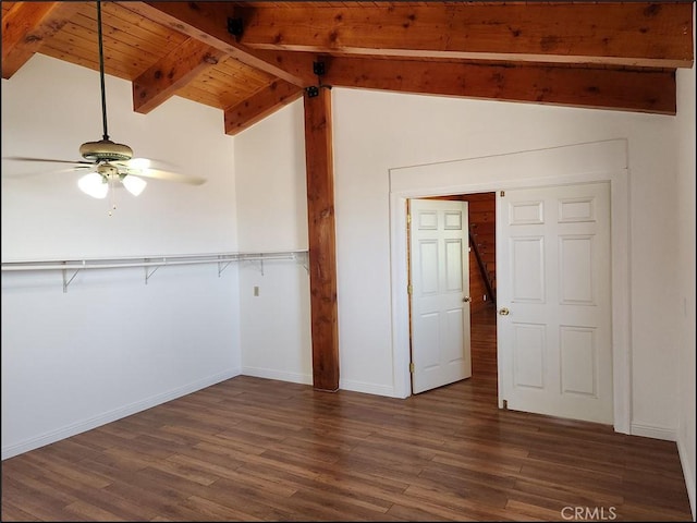 8581 Montara Rd, Pinon Hills, CA 92372 - unfurnished bedroom featuring wood ceiling, dark wood-type flooring, lofted ceiling with beams, and baseboards
