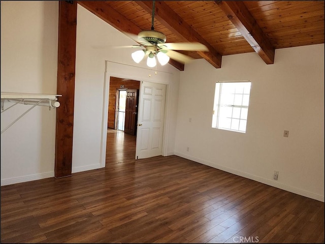 8581 Montara Rd, Pinon Hills, CA 92372 - unfurnished room featuring beamed ceiling, dark wood-style floors, baseboards, wooden ceiling, and a ceiling fan
