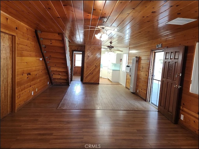 8581 Montara Rd, Pinon Hills, CA 92372 - interior space with wood-type flooring, a ceiling fan, visible vents, wood walls, and wood ceiling