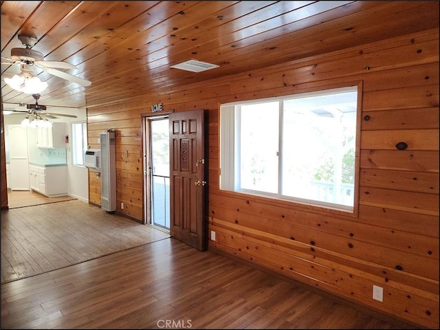 8581 Montara Rd, Pinon Hills, CA 92372 - foyer entrance with wooden walls, ceiling fan, wooden ceiling, and light wood-type flooring