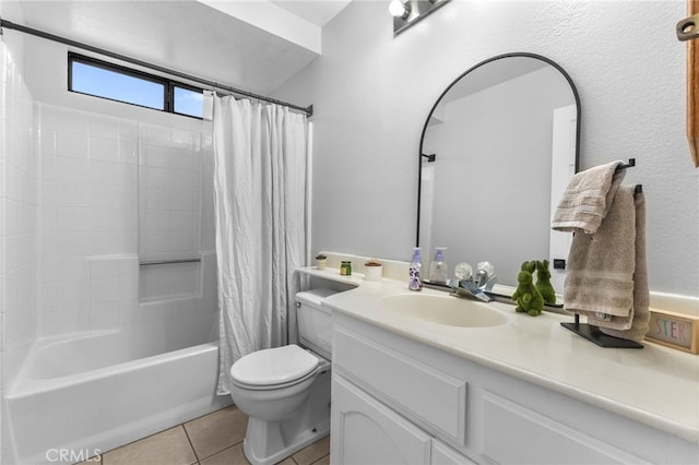 bathroom featuring tile patterned floors, vanity, toilet, and shower / tub combo with curtain