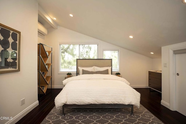 bedroom featuring dark wood-style flooring, recessed lighting, vaulted ceiling, and baseboards