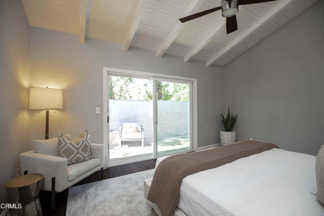 bedroom featuring wooden ceiling, access to exterior, wood finished floors, and vaulted ceiling with beams