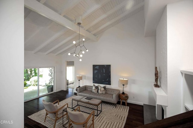 living room with an inviting chandelier, beam ceiling, high vaulted ceiling, wood ceiling, and wood finished floors