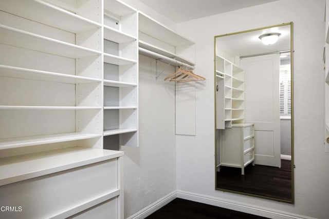 walk in closet with dark wood-style flooring