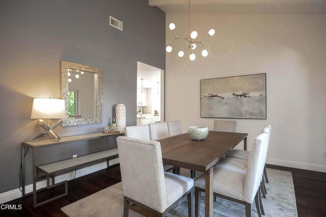 dining area featuring baseboards, high vaulted ceiling, wood finished floors, and visible vents