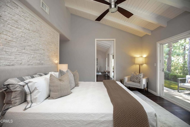 bedroom with visible vents, lofted ceiling with beams, access to exterior, wooden ceiling, and wood finished floors