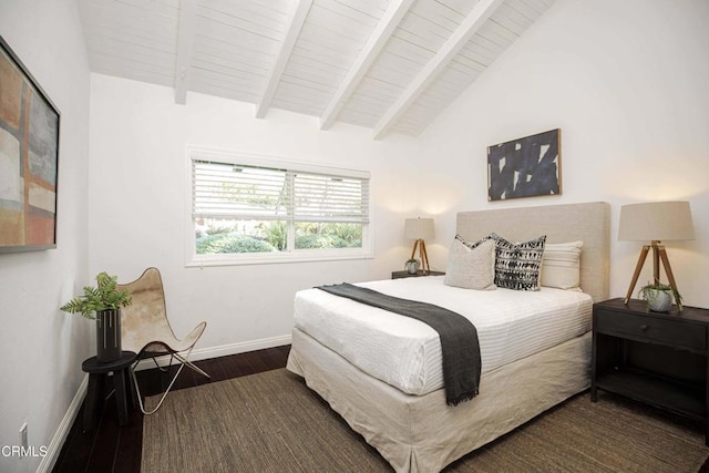 bedroom with lofted ceiling with beams, wooden ceiling, wood finished floors, and baseboards