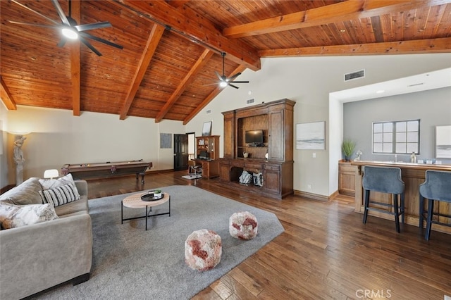living room featuring beamed ceiling, wooden ceiling, a ceiling fan, billiards, and visible vents