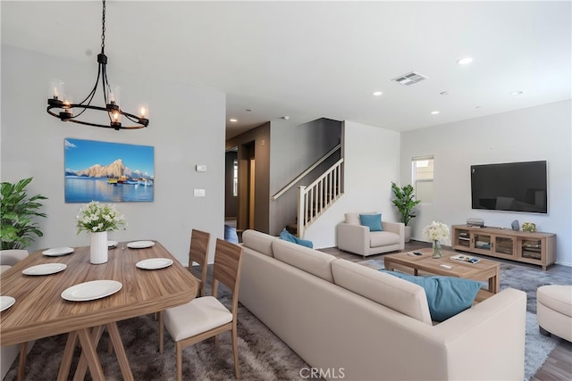 217 Oberlander Way, Fallbrook, CA 92028 - living room featuring a chandelier, stairway, recessed lighting, and wood finished floors