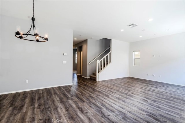 217 Oberlander Way, Fallbrook, CA 92028 - unfurnished living room with a chandelier, dark wood finished floors, stairs, recessed lighting, and baseboards
