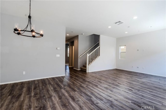 217 Oberlander Way, Fallbrook, CA 92028 - unfurnished living room featuring a chandelier, dark wood finished floors, stairs, recessed lighting, and baseboards