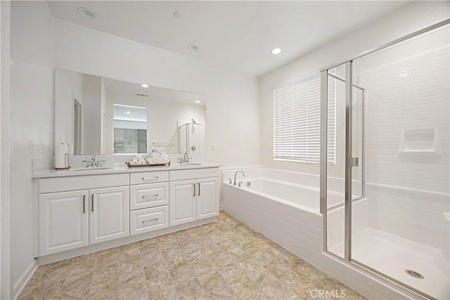 36225 Beacon Light Way, Wildomar, CA 92595 - bathroom featuring a shower stall, a garden tub, double vanity, and a sink