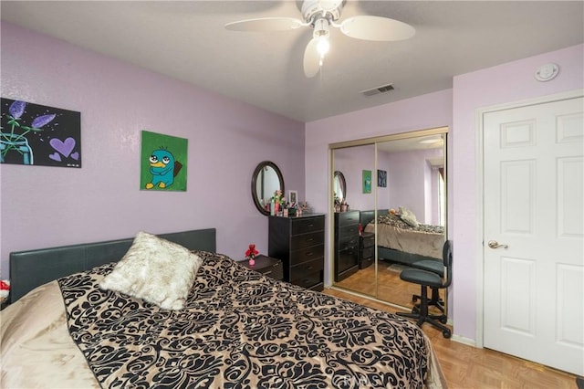 22527 Mountain View Rd, Moreno Valley, CA 92557 - bedroom featuring a ceiling fan, visible vents, and a closet