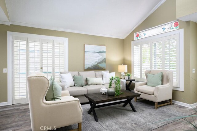 17355 Ridgedale Ln, Yorba Linda, CA 92886 - living room featuring wood finished floors, crown molding, vaulted ceiling, and baseboards