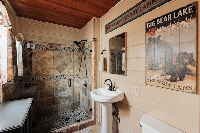 879 Orange Ave, Sugarloaf, CA 92386 - bathroom with wood ceiling and a stall shower
