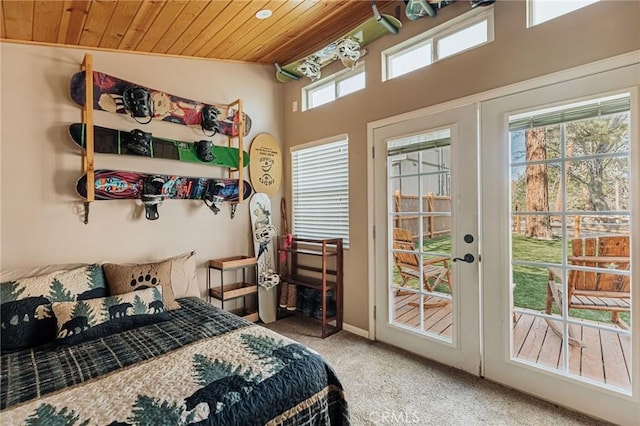879 Orange Ave, Sugarloaf, CA 92386 - carpeted bedroom featuring access to outside and wood ceiling