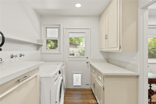 1273 E 7th St, Chico, CA 95928 - washroom featuring cabinet space, washing machine and clothes dryer, light wood-style floors, and recessed lighting
