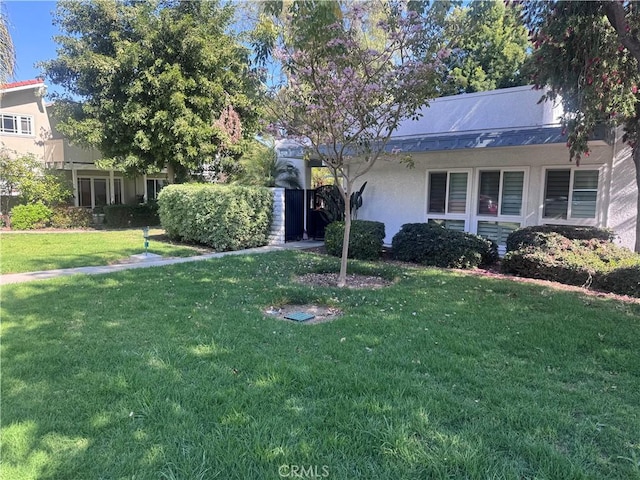 exterior space with a front lawn and stucco siding