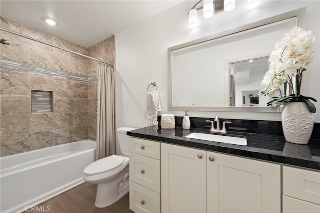 964 Calle Aragon Unit D, Laguna Woods, CA 92637 - full bath with toilet, wood finished floors, shower / bathtub combination with curtain, and vanity