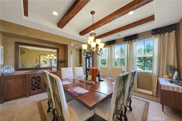 5660 Stoneview Rd, Rancho Cucamonga, CA 91739 - dining room featuring light tile patterned floors, beamed ceiling, a notable chandelier, and visible vents