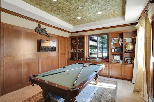 5660 Stoneview Rd, Rancho Cucamonga, CA 91739 - recreation room with billiards, a raised ceiling, and an ornate ceiling