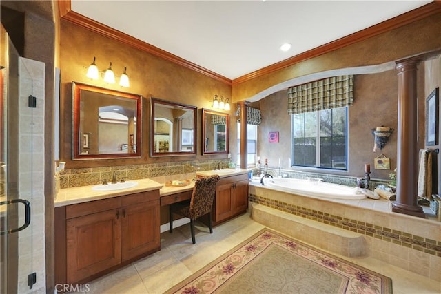 5660 Stoneview Rd, Rancho Cucamonga, CA 91739 - full bathroom featuring decorative columns, vanity, ornamental molding, tile patterned floors, and a bath