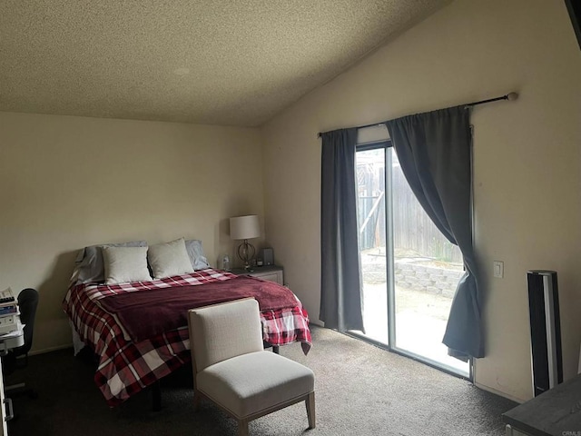 carpeted bedroom featuring vaulted ceiling, a textured ceiling, and access to outside