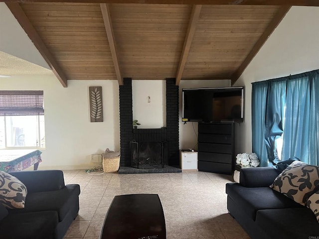 living room featuring a fireplace, wood ceiling, baseboards, and vaulted ceiling with beams