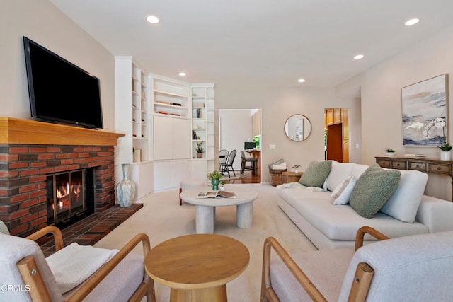 1480 Forest Knoll Dr, Oak Park, CA 91377 - carpeted living room with a fireplace, recessed lighting, and built in shelves