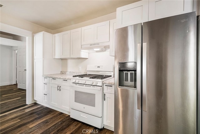 kitchen featuring stainless steel fridge with ice dispenser, white gas range, white cabinetry, under cabinet range hood, and dark wood-style floors