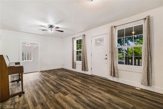 interior space featuring a healthy amount of sunlight, a ceiling fan, and dark wood-type flooring