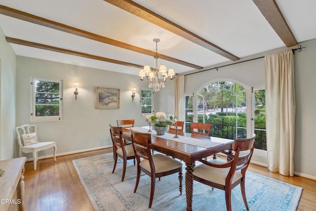dining room with a healthy amount of sunlight, beamed ceiling, and baseboards