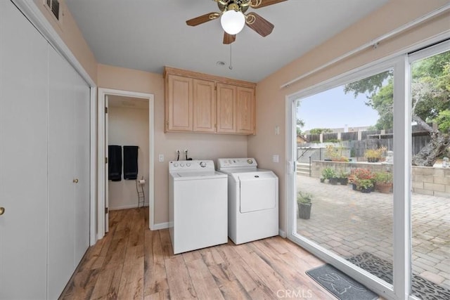 259 Saint Andrews Way, Lompoc, CA 93436 - laundry room with cabinet space, washing machine and clothes dryer, ceiling fan, and light wood finished floors