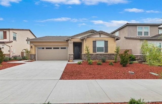 467 Daniella Way, Perris, CA 92570 - view of front of property featuring stone siding, an attached garage, stucco siding, and concrete driveway
