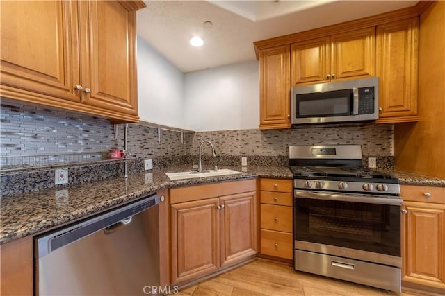1437 Lomita Blvd Unit 227, Harbor City, CA 90710 - kitchen with a sink, dark stone counters, stainless steel appliances, and light wood-type flooring