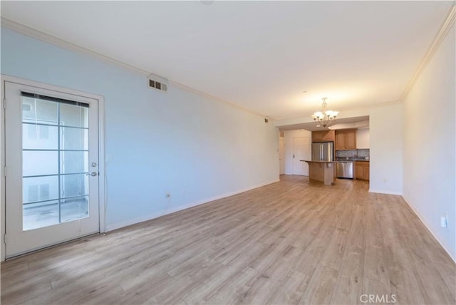 1437 Lomita Blvd Unit 227, Harbor City, CA 90710 - unfurnished living room with crown molding, a chandelier, baseboards, light wood-type flooring, and visible vents