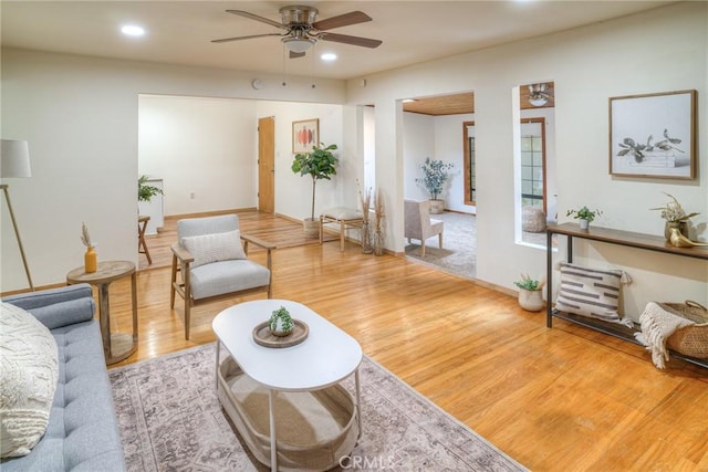 12 Linda Loma Dr, Oroville, CA 95966 - living room featuring baseboards, recessed lighting, wood finished floors, and a ceiling fan