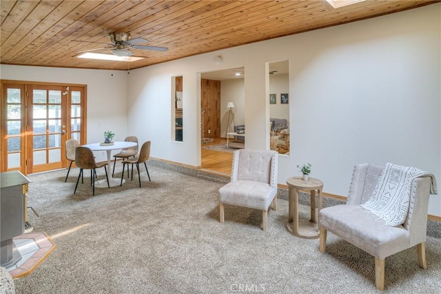 12 Linda Loma Dr, Oroville, CA 95966 - dining area featuring carpet floors, baseboards, wooden ceiling, french doors, and a ceiling fan